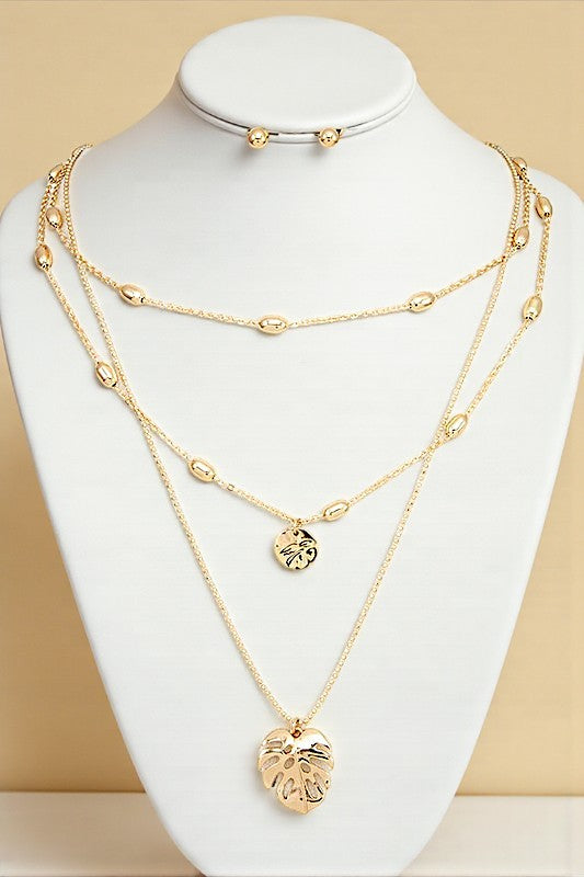 BEAD STATION LEAF PENDANT LAYERED NECKLACE SET