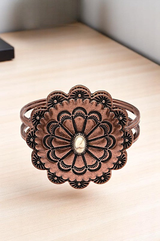 ROUND FLORAL GEM ACCENT HINGE BANGLE BRACELET