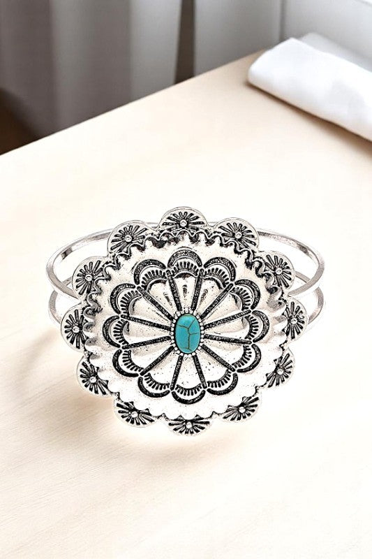 ROUND FLORAL GEM ACCENT HINGE BANGLE BRACELET