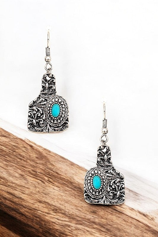 WESTERN OVAL ETCHED GEM ACCENT DROP EARRING