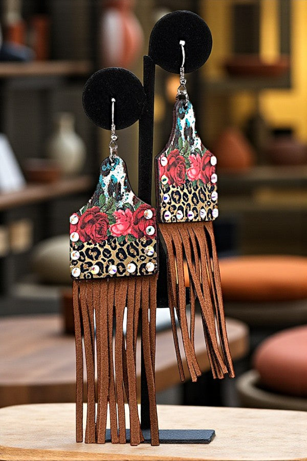 FACETED GEM MIX FLORAL PRINT TASSEL DROP EARRING