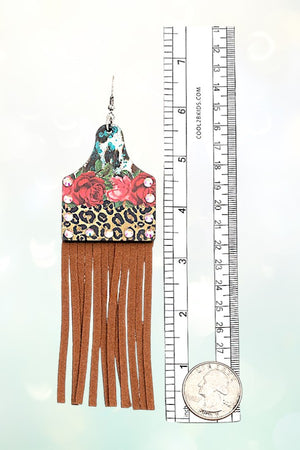 FACETED GEM MIX FLORAL PRINT TASSEL DROP EARRING