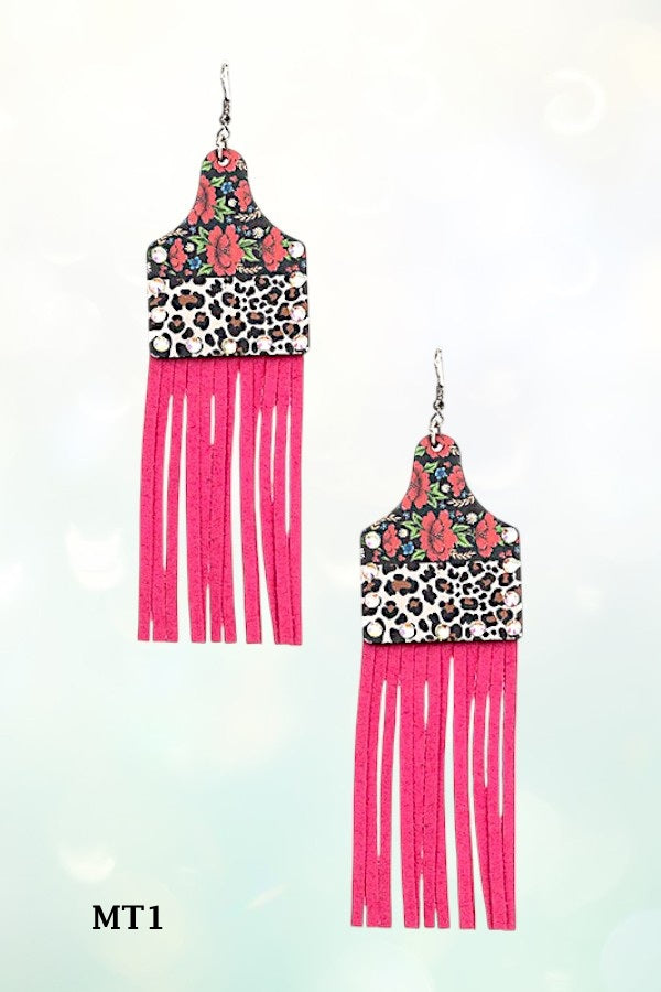 FACETED GEM MIX FLORAL PRINT TASSEL DROP EARRING