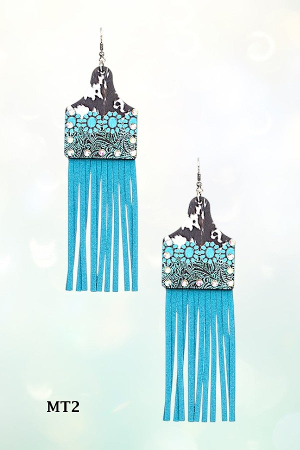 FACETED GEM MIX FLORAL PRINT TASSEL DROP EARRING
