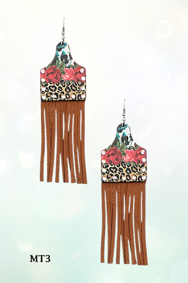 FACETED GEM MIX FLORAL PRINT TASSEL DROP EARRING