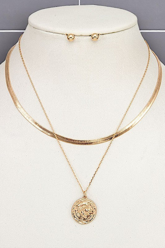 ETCHED COIN PENDANT MIX CHAIN NECKLACE SET