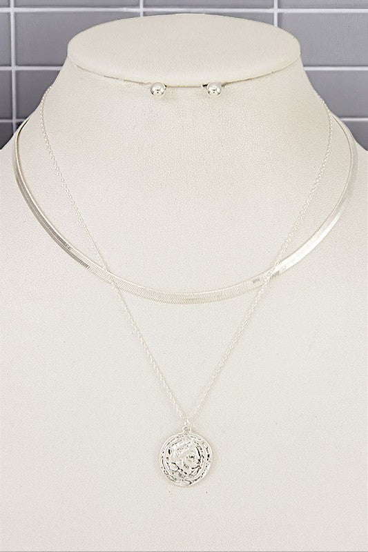 ETCHED COIN PENDANT MIX CHAIN NECKLACE SET