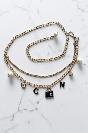 PEARL AND RHINESTONE CHARMS DANGLE LAYERED CHAIN FASHION BELT