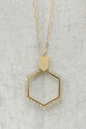 Wired Glass Bead Hexagon Pendant Long Necklace Set