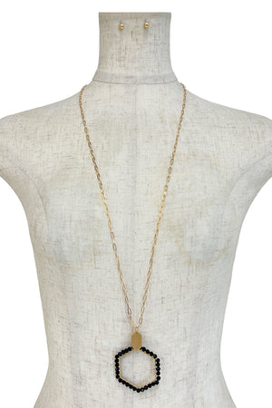 Wired Glass Bead Hexagon Pendant Long Necklace Set