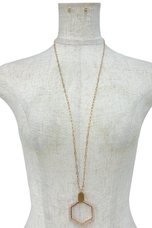 Wired Glass Bead Hexagon Pendant Long Necklace Set