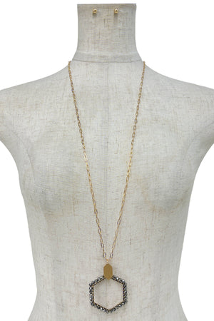 Wired Glass Bead Hexagon Pendant Long Necklace Set
