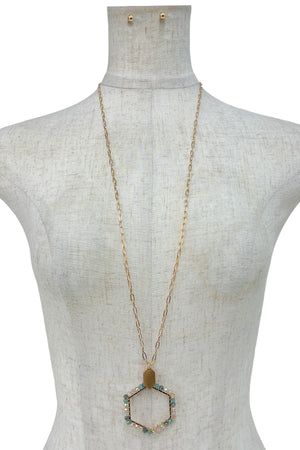Wired Glass Bead Hexagon Pendant Long Necklace Set