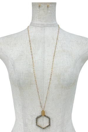 Wired Glass Bead Hexagon Pendant Long Necklace Set