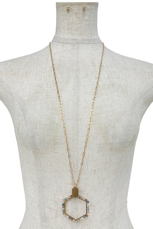 Wired Glass Bead Hexagon Pendant Long Necklace Set
