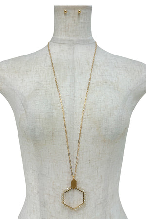 Wired Glass Bead Hexagon Pendant Long Necklace Set