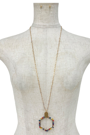 Wired Glass Bead Hexagon Pendant Long Necklace Set