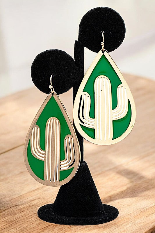 CUT OUT CACTUS TEARDROP DANGLE EARRING