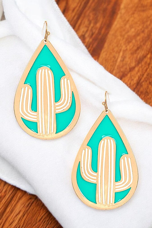 CUT OUT CACTUS TEARDROP DANGLE EARRING