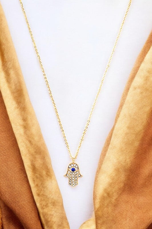 RHINESTONE PAVE HAMSA PENDANT NECKLACE