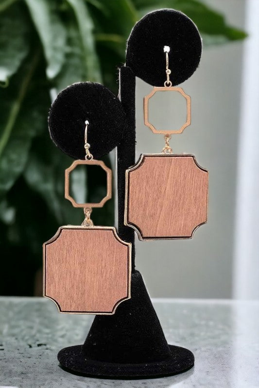 Framed Wooden Shape Link Dangle Earring