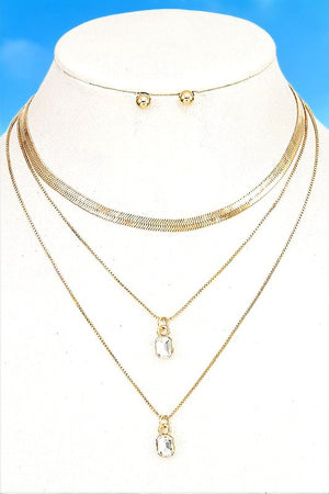 FLAT CHAIN LAYERED GEM PENDANT NECKLACE SET