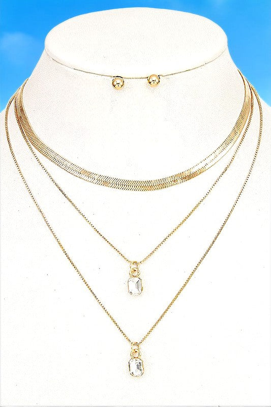 FLAT CHAIN LAYERED GEM PENDANT NECKLACE SET