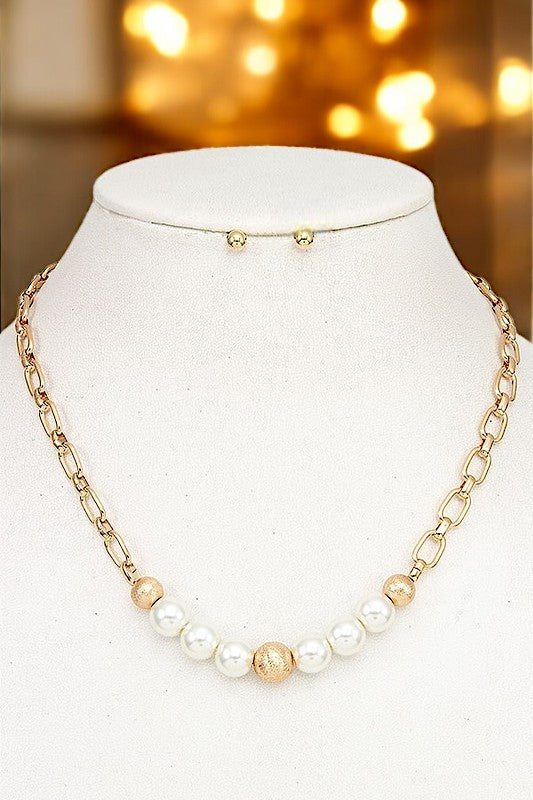 Pearl and Ball Link Chain Necklace Set