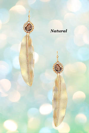 SEMI PRECIOUS STONE ACCENT LEAF DANGLE EARRING