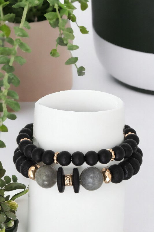 Gemstone Mix Wood Bead Bracelet Set