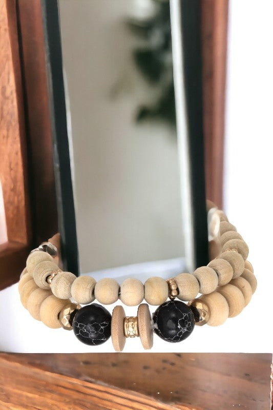 Gemstone Mix Wood Bead Bracelet Set