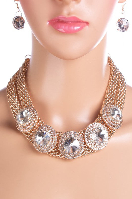Crystal Framed Gem Link Collar Necklace Set