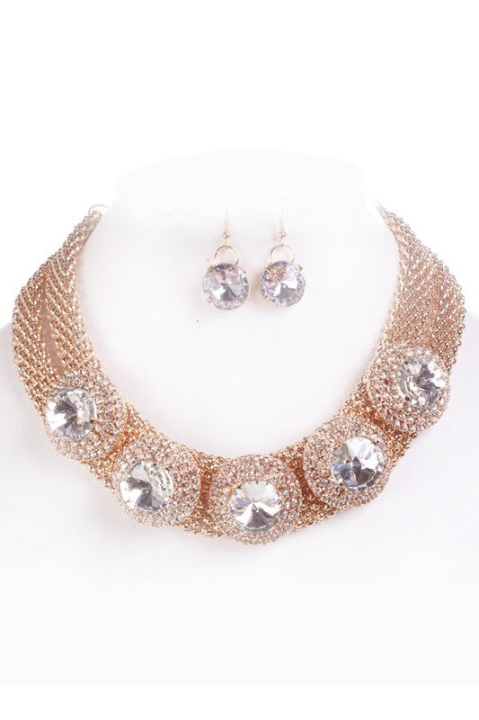 Crystal Framed Gem Link Collar Necklace Set