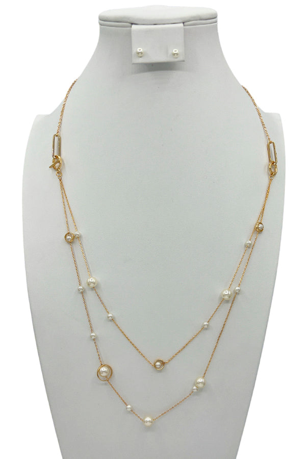 Elongated Pearl Ring Station Necklace Set