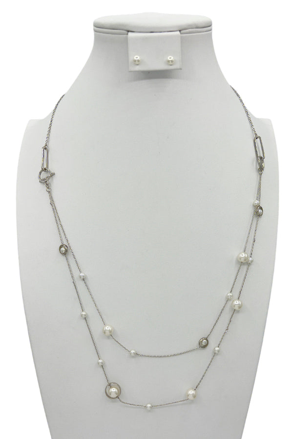 Elongated Pearl Ring Station Necklace Set