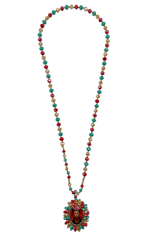 Elongated Glass Bead Khalo Pendant Necklace