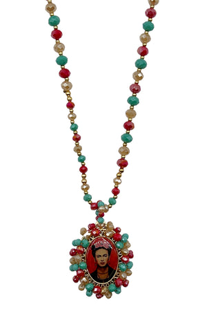 Elongated Glass Bead Khalo Pendant Necklace