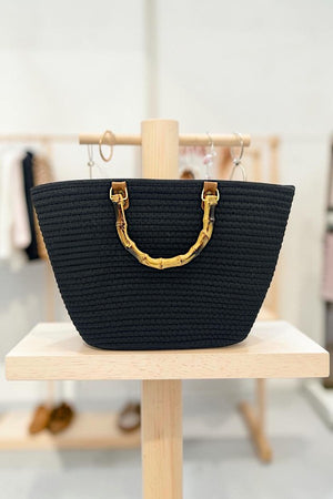 BAMBOO HANDLE SOLID WOVEN FASHION TOTE BAG