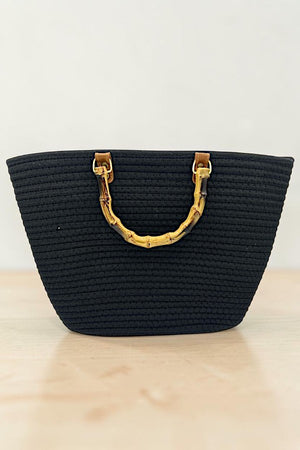 BAMBOO HANDLE SOLID WOVEN FASHION TOTE BAG