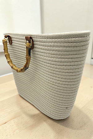 BAMBOO HANDLE SOLID WOVEN FASHION TOTE BAG