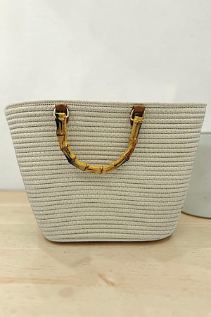 BAMBOO HANDLE SOLID WOVEN FASHION TOTE BAG