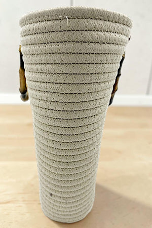 BAMBOO HANDLE SOLID WOVEN FASHION TOTE BAG