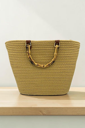 BAMBOO HANDLE SOLID WOVEN FASHION TOTE BAG