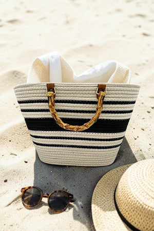 BAMBOO HANDLE STRIPED WOVEN FASHION TOTE BAG