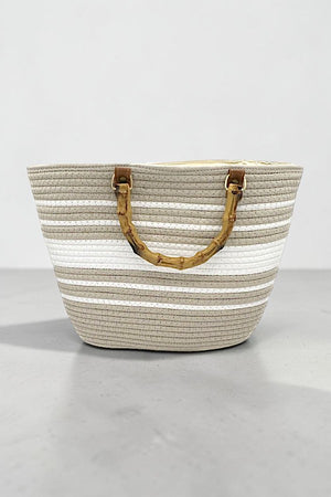 BAMBOO HANDLE STRIPED WOVEN FASHION TOTE BAG