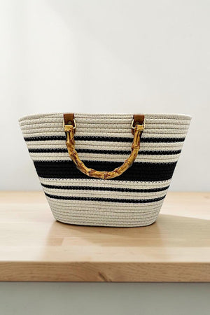 BAMBOO HANDLE STRIPED WOVEN FASHION TOTE BAG