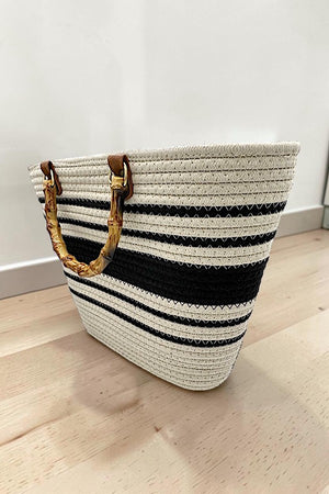 BAMBOO HANDLE STRIPED WOVEN FASHION TOTE BAG