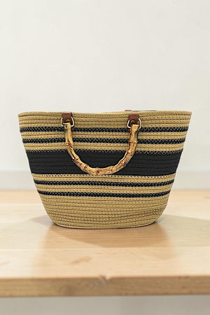 BAMBOO HANDLE STRIPED WOVEN FASHION TOTE BAG
