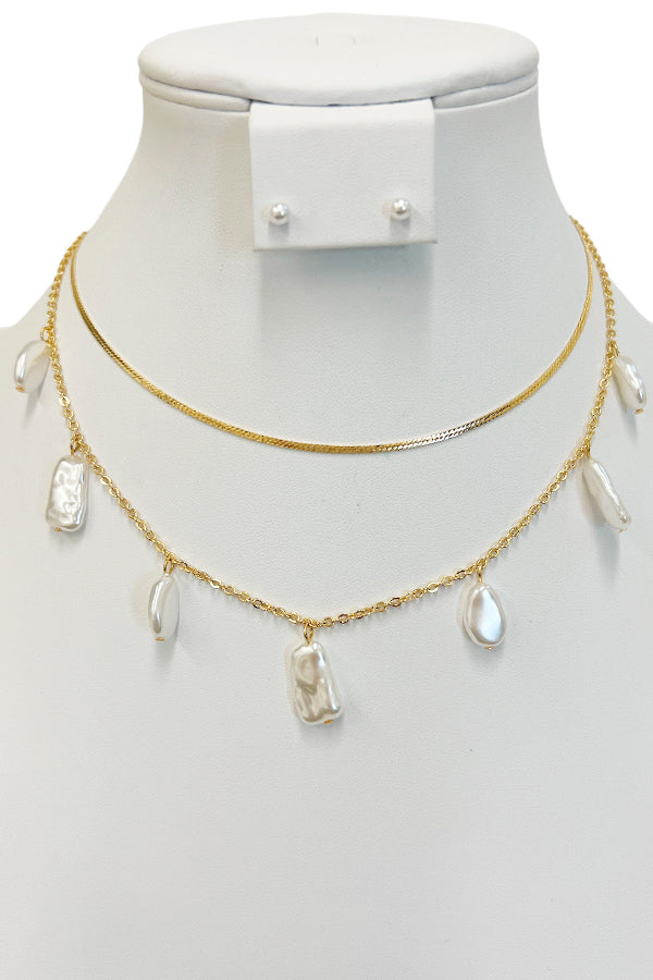 Flat Pearl Layered Chain Necklace Set