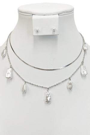 Flat Pearl Layered Chain Necklace Set